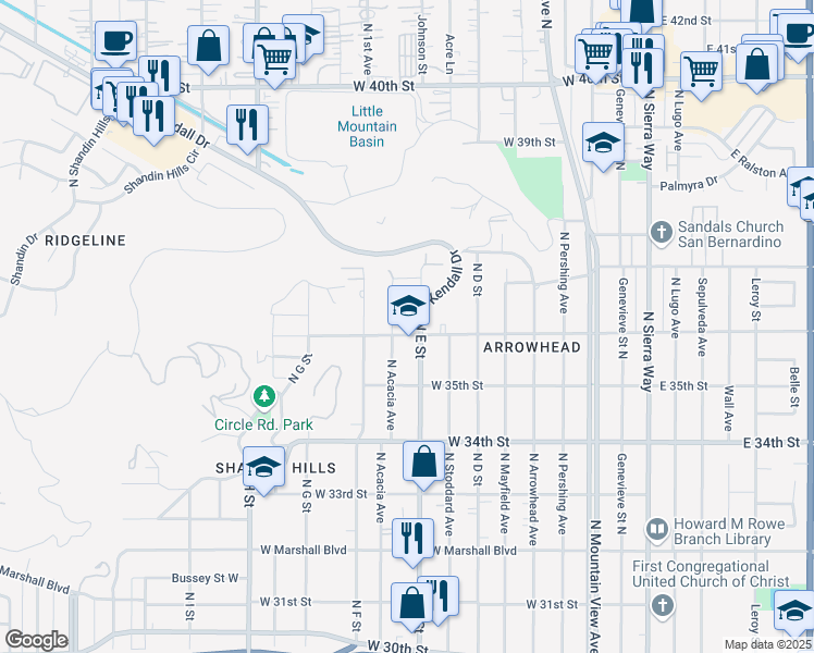 map of restaurants, bars, coffee shops, grocery stores, and more near in San Bernardino