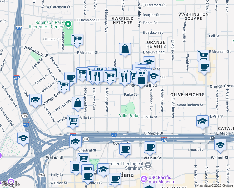 map of restaurants, bars, coffee shops, grocery stores, and more near 282 Parke Street in Pasadena