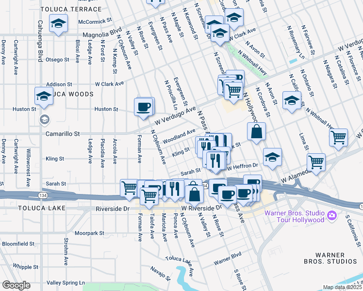 map of restaurants, bars, coffee shops, grocery stores, and more near 4210 West Kling Street in Burbank