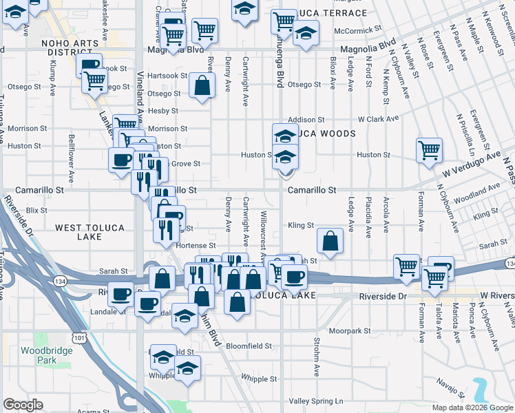 map of restaurants, bars, coffee shops, grocery stores, and more near 4730 Cartwright Avenue in Los Angeles