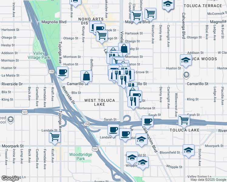 map of restaurants, bars, coffee shops, grocery stores, and more near 1014 Blix Street in Los Angeles