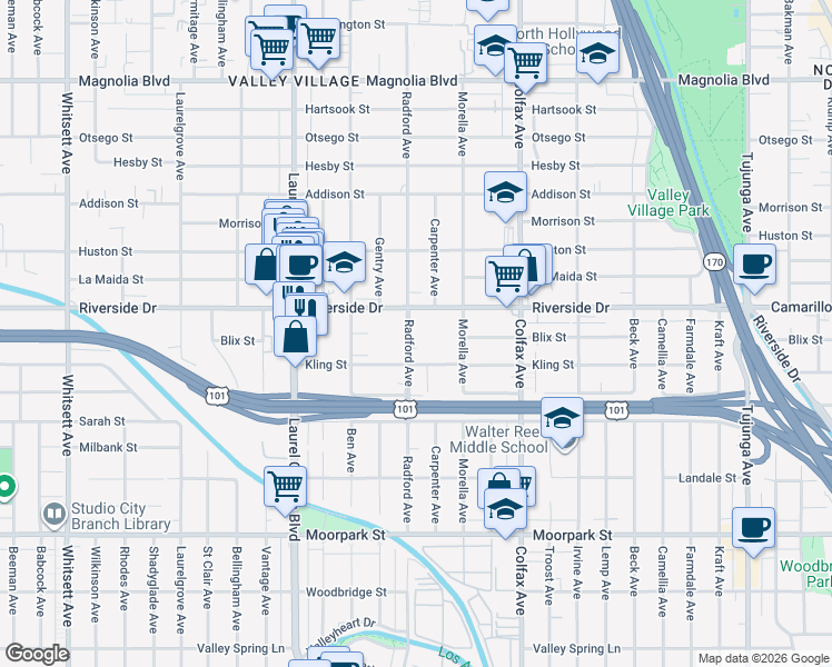 map of restaurants, bars, coffee shops, grocery stores, and more near 4720 Radford Avenue in Los Angeles