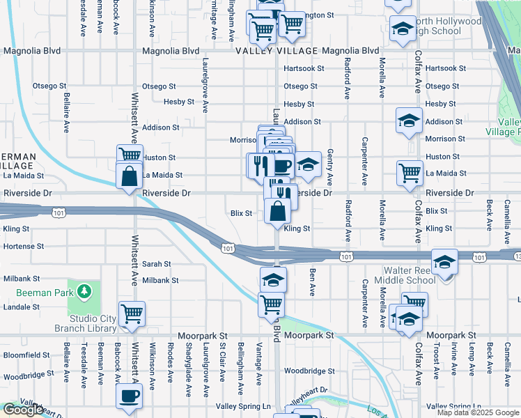 map of restaurants, bars, coffee shops, grocery stores, and more near 12140 Blix Street in Los Angeles
