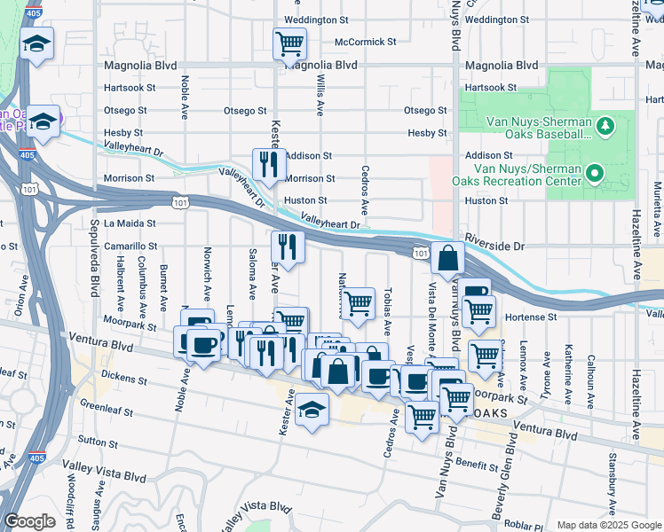 map of restaurants, bars, coffee shops, grocery stores, and more near 4750 Willis Avenue in Los Angeles