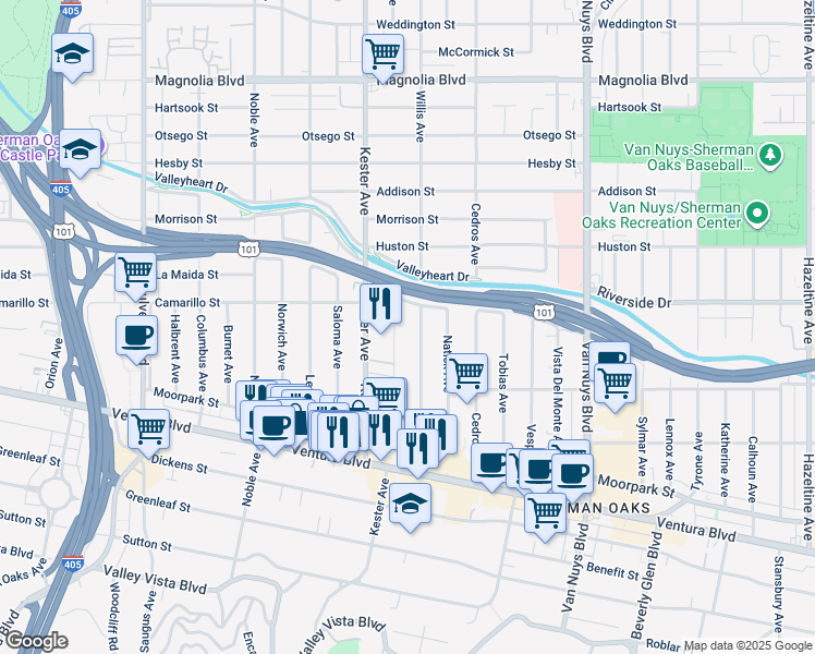 map of restaurants, bars, coffee shops, grocery stores, and more near 4724 Kester Avenue in Los Angeles