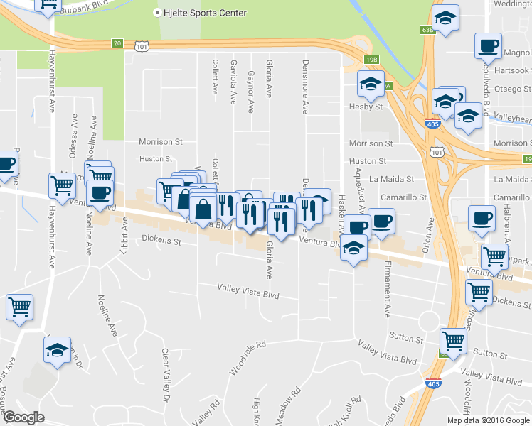 map of restaurants, bars, coffee shops, grocery stores, and more near 15854 Moorpark Street in Los Angeles