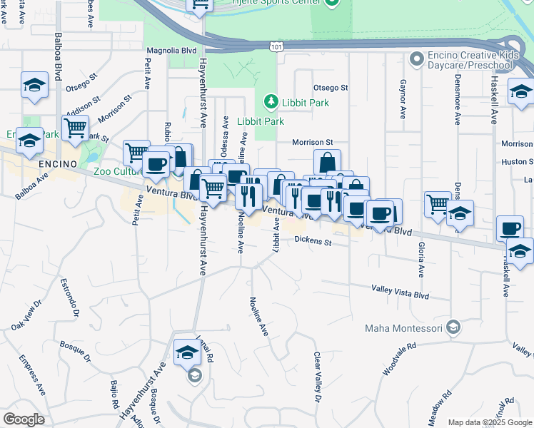 map of restaurants, bars, coffee shops, grocery stores, and more near 16304 Ventura Boulevard in Los Angeles