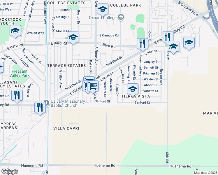 map of restaurants, bars, coffee shops, grocery stores, and more near 1850 Peoria Avenue in Oxnard