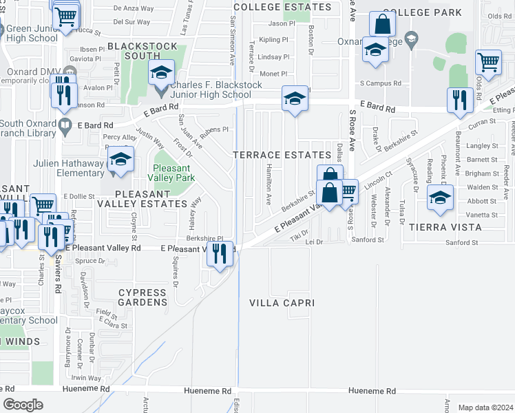 map of restaurants, bars, coffee shops, grocery stores, and more near 4845 Terrace Avenue in Oxnard
