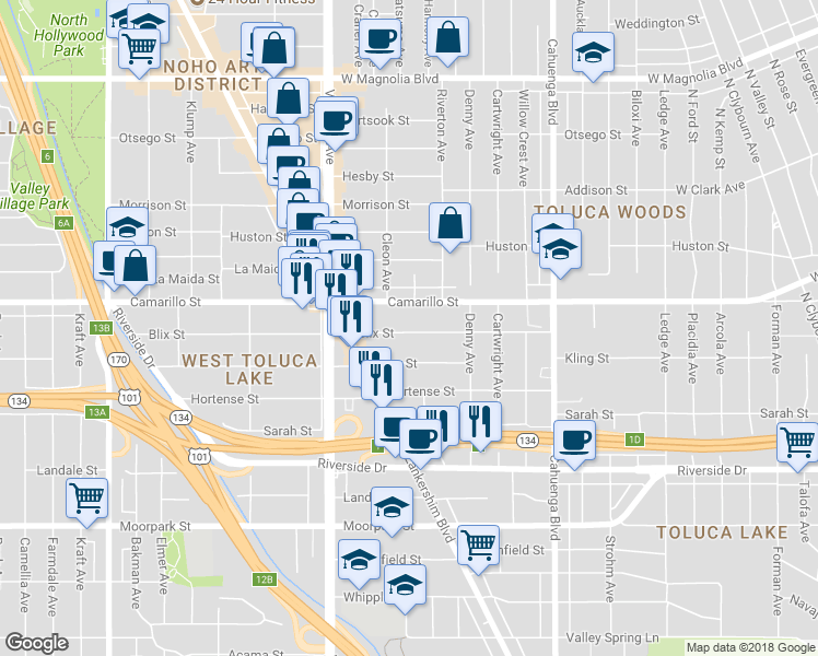 map of restaurants, bars, coffee shops, grocery stores, and more near 10843 Blix Street in Los Angeles