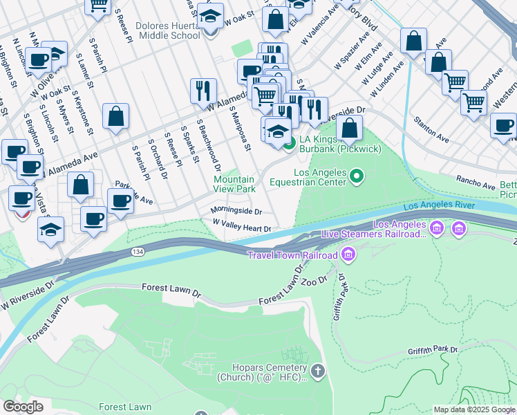 map of restaurants, bars, coffee shops, grocery stores, and more near 1321 Morningside Drive in Burbank