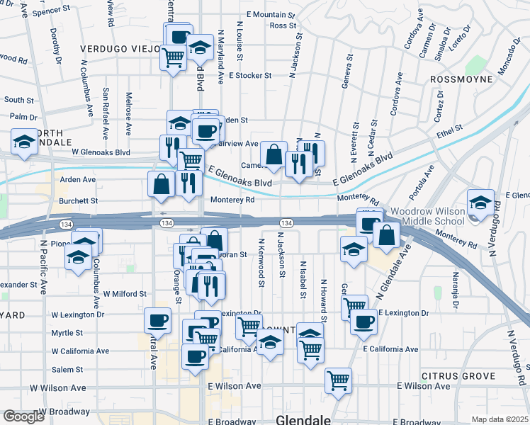 map of restaurants, bars, coffee shops, grocery stores, and more near 708 North Kenwood Street in Glendale