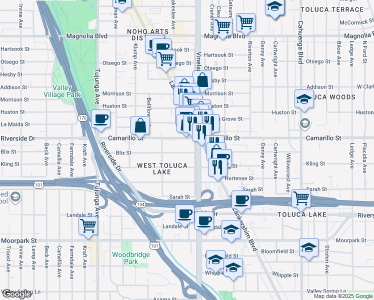 map of restaurants, bars, coffee shops, grocery stores, and more near 1014 Blix Street in Los Angeles