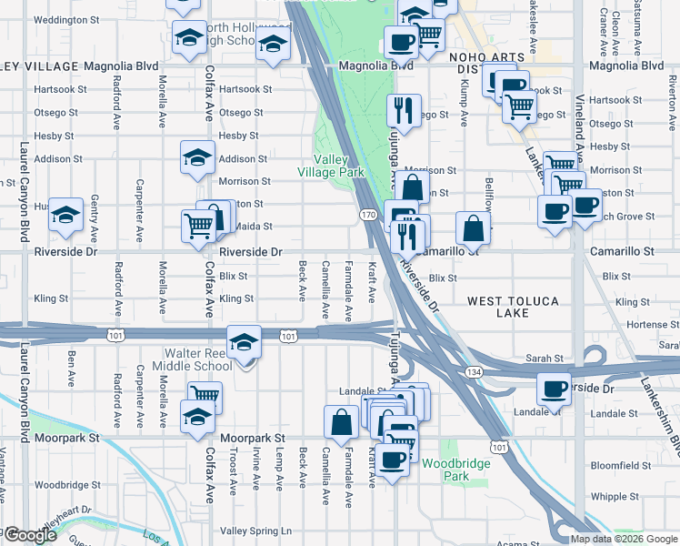 map of restaurants, bars, coffee shops, grocery stores, and more near 4735 Farmdale Avenue in Los Angeles
