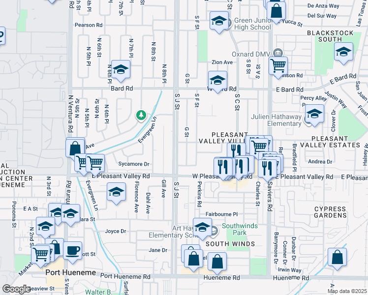 map of restaurants, bars, coffee shops, grocery stores, and more near 4811 G Street in Oxnard