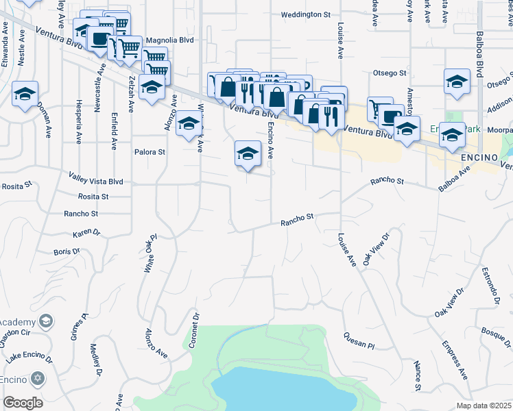 map of restaurants, bars, coffee shops, grocery stores, and more near 17524 Corinthian Drive in Los Angeles