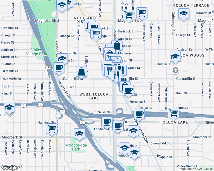 map of restaurants, bars, coffee shops, grocery stores, and more near 11025 Blix Street in Los Angeles