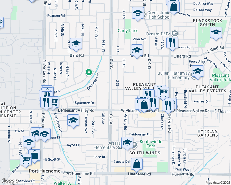 map of restaurants, bars, coffee shops, grocery stores, and more near 4811 G Street in Oxnard
