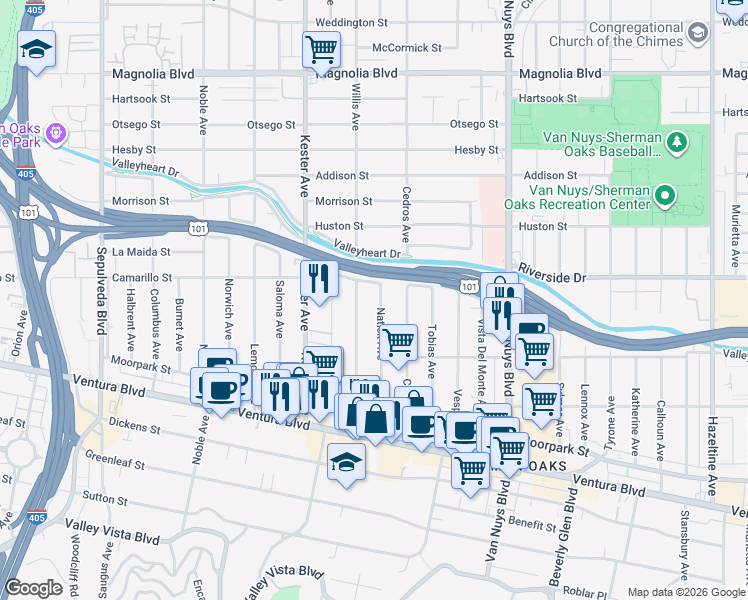 map of restaurants, bars, coffee shops, grocery stores, and more near 4701 Natick Avenue in Los Angeles