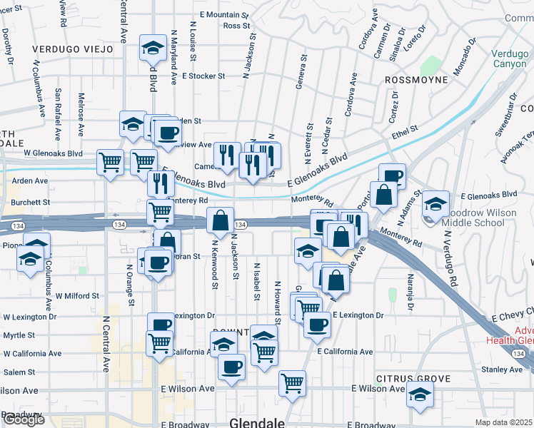 map of restaurants, bars, coffee shops, grocery stores, and more near 711 North Howard Street in Glendale