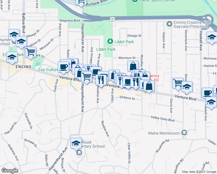 map of restaurants, bars, coffee shops, grocery stores, and more near 16300 Ventura Blvd in Encino