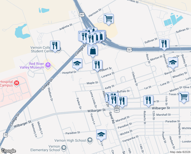 map of restaurants, bars, coffee shops, grocery stores, and more near 4214 Maple Street in Vernon