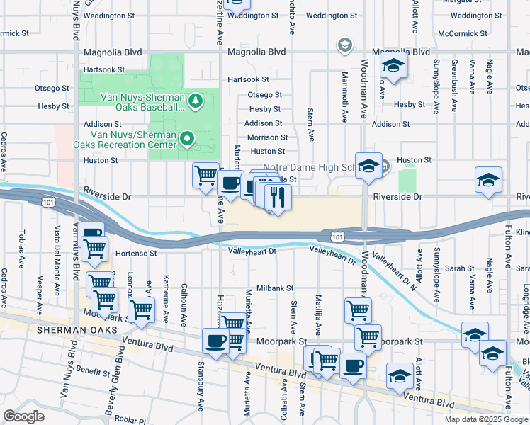 map of restaurants, bars, coffee shops, grocery stores, and more near 14006 Riverside Drive in Los Angeles