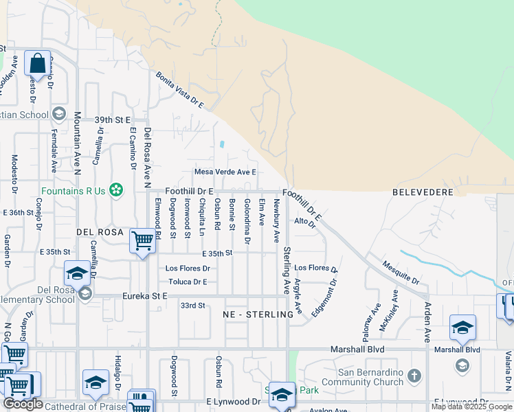 map of restaurants, bars, coffee shops, grocery stores, and more near 5342 Elm Avenue in San Bernardino