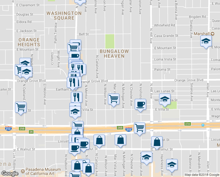 map of restaurants, bars, coffee shops, grocery stores, and more near 608 North Wilson Avenue in Pasadena
