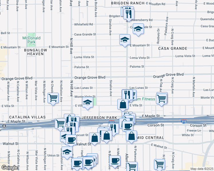 map of restaurants, bars, coffee shops, grocery stores, and more near 1661 Las Lunas Street in Pasadena