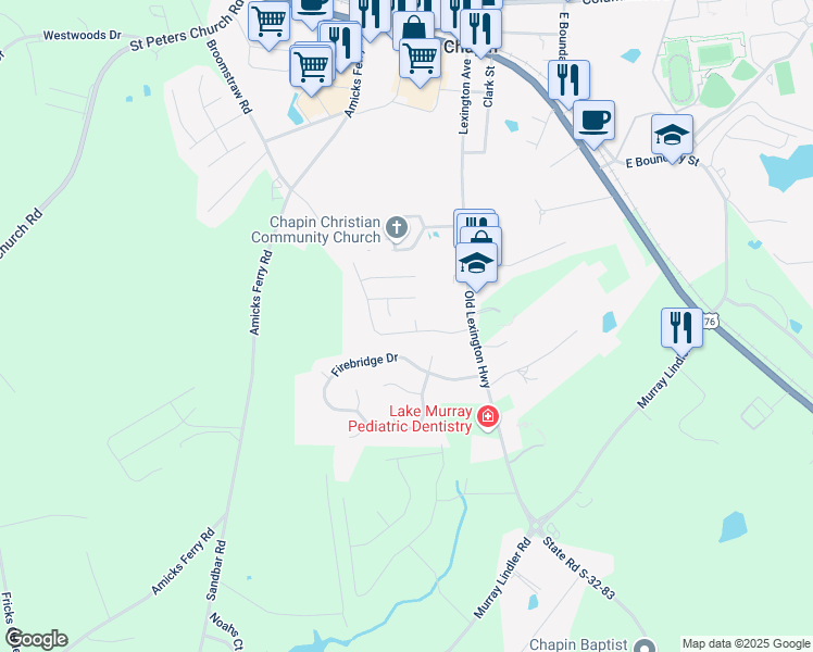 map of restaurants, bars, coffee shops, grocery stores, and more near 121 Fair Haven Way in Chapin
