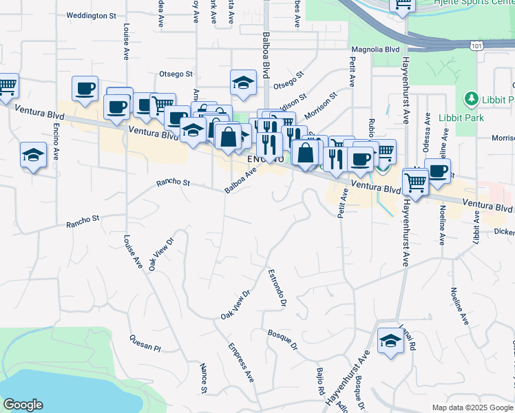 map of restaurants, bars, coffee shops, grocery stores, and more near 16821 Oak View Drive in Los Angeles