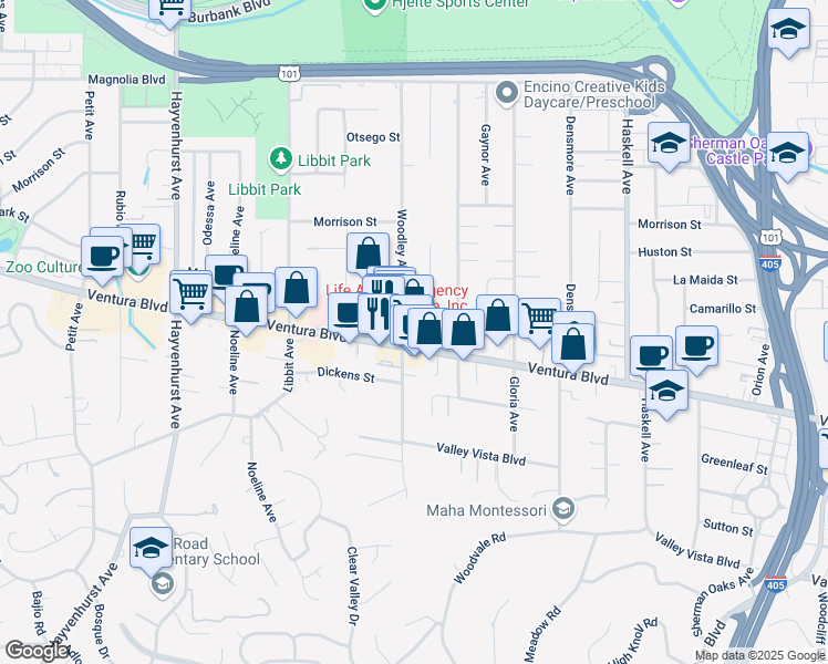 map of restaurants, bars, coffee shops, grocery stores, and more near 16055 Ventura Boulevard in Los Angeles