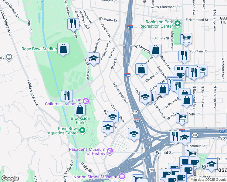 map of restaurants, bars, coffee shops, grocery stores, and more near 700 Prospect Boulevard in Pasadena