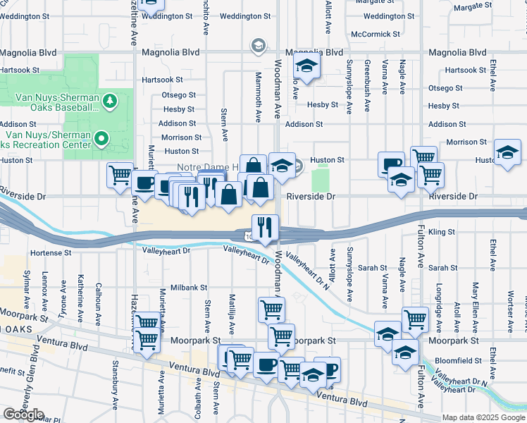 map of restaurants, bars, coffee shops, grocery stores, and more near 13730 Riverside Drive in Los Angeles