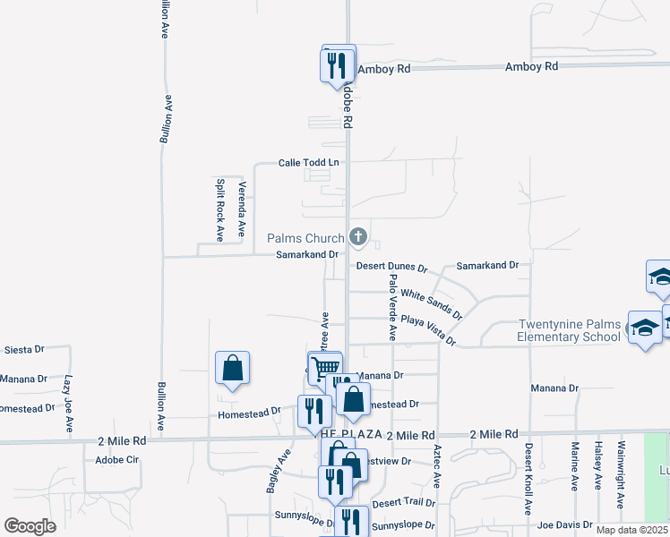 map of restaurants, bars, coffee shops, grocery stores, and more near 5318 Adobe Road in Twentynine Palms