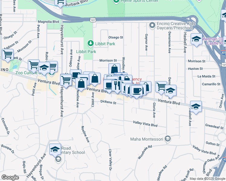 map of restaurants, bars, coffee shops, grocery stores, and more near 16130 Ventura Boulevard in Los Angeles