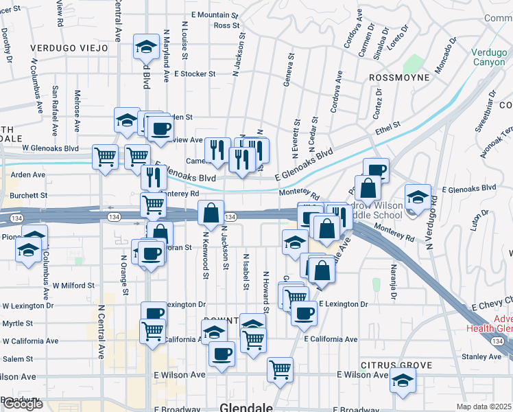 map of restaurants, bars, coffee shops, grocery stores, and more near 709 North Howard Street in Glendale