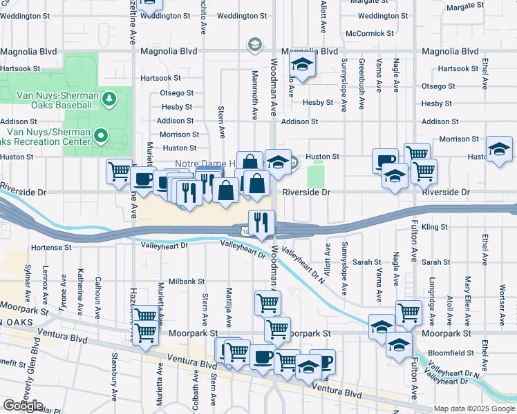 map of restaurants, bars, coffee shops, grocery stores, and more near 13730 Riverside Drive in Los Angeles