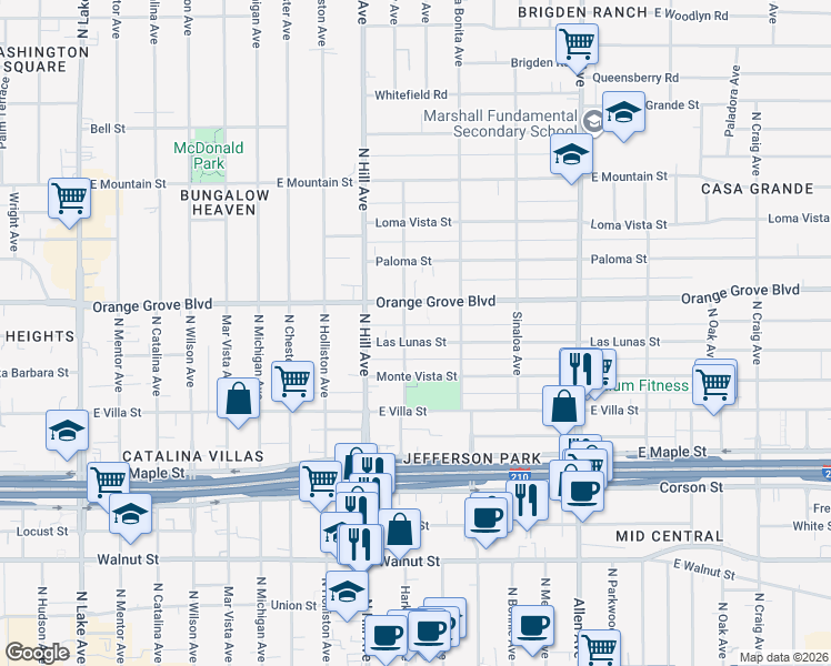 map of restaurants, bars, coffee shops, grocery stores, and more near 1516 Las Lunas Street in Pasadena