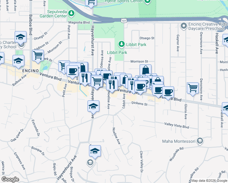 map of restaurants, bars, coffee shops, grocery stores, and more near 16350 Ventura Boulevard in Encino
