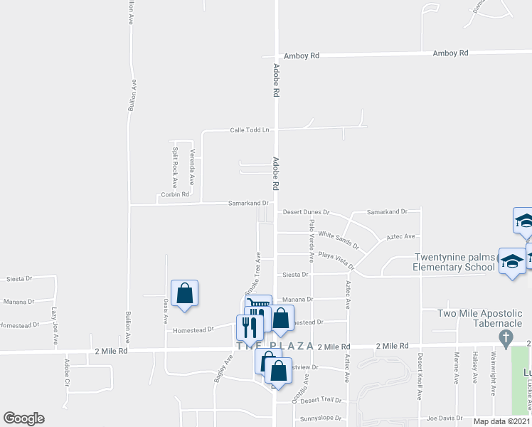 map of restaurants, bars, coffee shops, grocery stores, and more near 5318 Adobe Road in Twentynine Palms