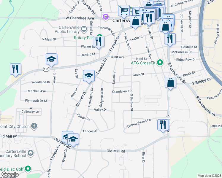 map of restaurants, bars, coffee shops, grocery stores, and more near 209 Luckie Street in Cartersville