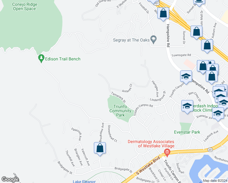 map of restaurants, bars, coffee shops, grocery stores, and more near 1853 Tamarack Street in Westlake Village