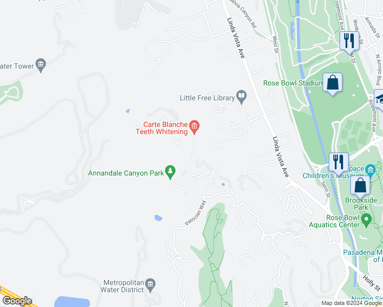 map of restaurants, bars, coffee shops, grocery stores, and more near 1386 Glen Oaks Boulevard in Pasadena