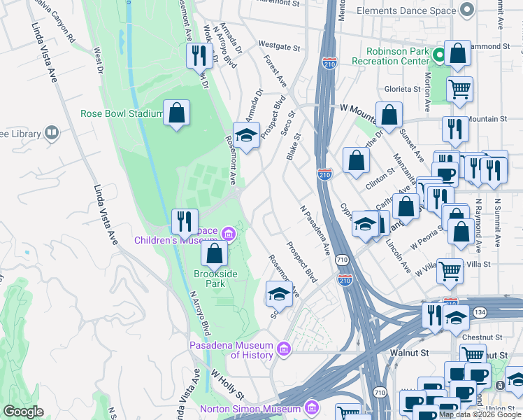 map of restaurants, bars, coffee shops, grocery stores, and more near 484 Prospect Terrace in Pasadena