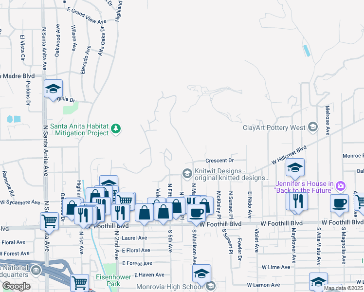 map of restaurants, bars, coffee shops, grocery stores, and more near 325 North Madison Avenue in Monrovia