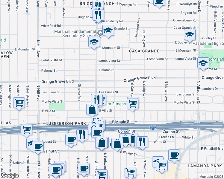map of restaurants, bars, coffee shops, grocery stores, and more near 1890 Las Lunas Street in Pasadena