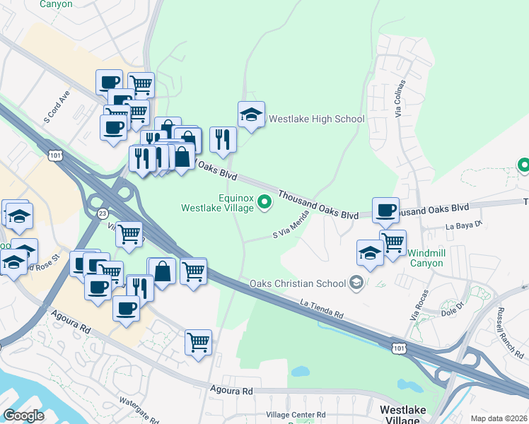 map of restaurants, bars, coffee shops, grocery stores, and more near 112 Lakeview Canyon Road in Thousand Oaks