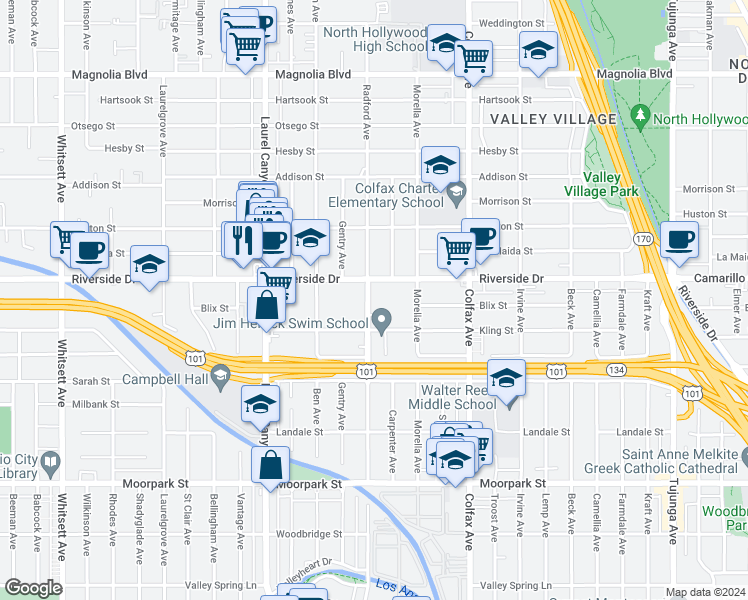map of restaurants, bars, coffee shops, grocery stores, and more near 4732 Radford Avenue in Los Angeles